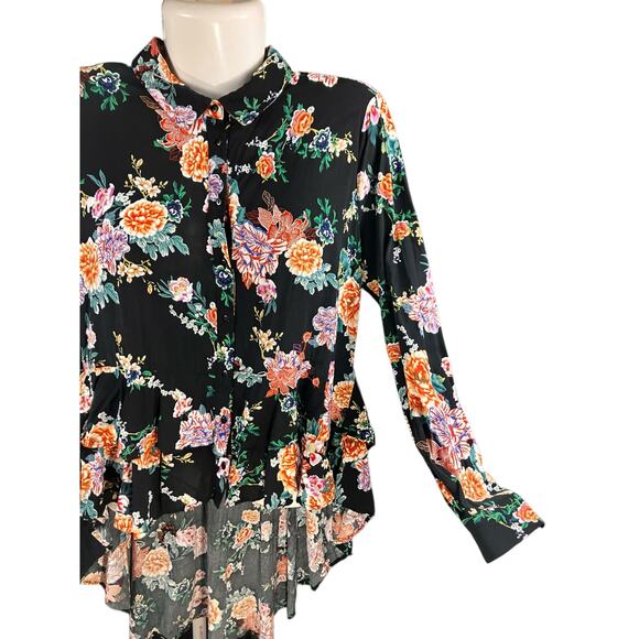 For The Republic Women's Black W/ Floral Hi/Low Hem Long Slv Button Front Top L - Picture 6 of 8